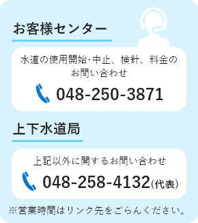 お客様センター：水道の使用開始・中止、検針、料金のお問い合わせ048-250-3871　上下水道局：上記以外に関するお問い合わせ048-258-4132（代表）　※営業時間はリンク先をごらんください。