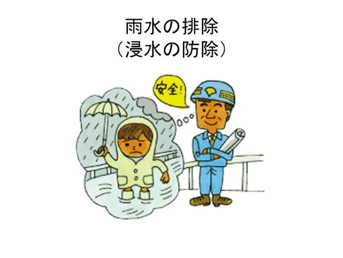 イラスト：工事監督者が現場で浸水被害に遭っている様子をイメージして、その対策を考えている