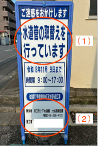 写真:工事看板例 上部に(1)、下部に(2)が囲んで示されている
